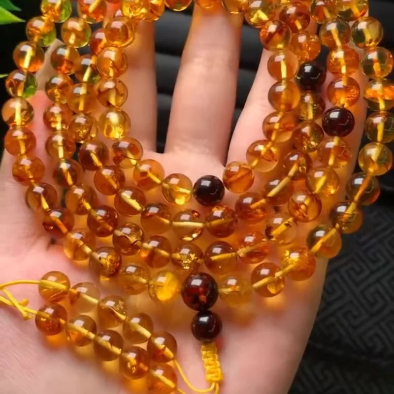 Factory Direct Sales Natural Piebald Amber 108 Beaded Necklace Long Buddha Chain Flower Three-Dimensional Artistic