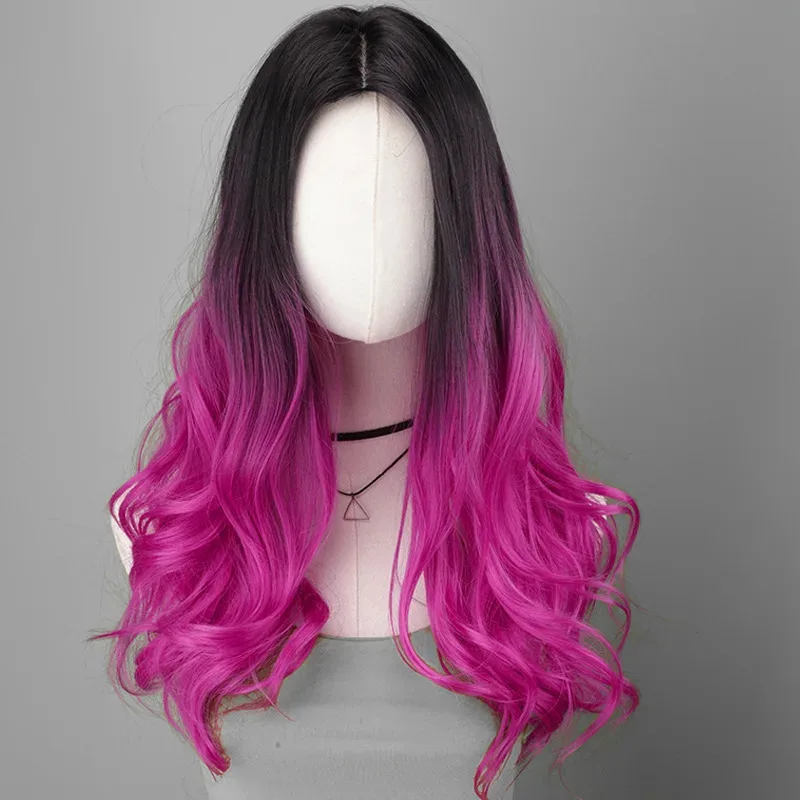 25COSCos شعر مستعار المرأة كامل القبعات الصيف تنفس شعر مستعار مريح ارتفاع درجة الحرارة الحرير التدرج الوردي الأرجواني طويل مجعد الشعر #5