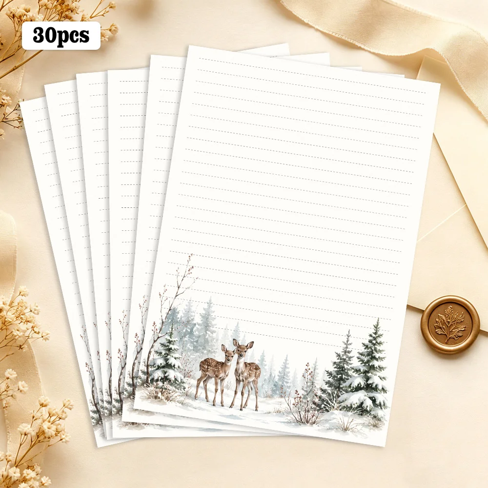 30 Sheets, B5 Winter Forest Fawn-themed Writing Paper, Lined, No Glue, Perfect For Notebooks, Memos, And Stickers