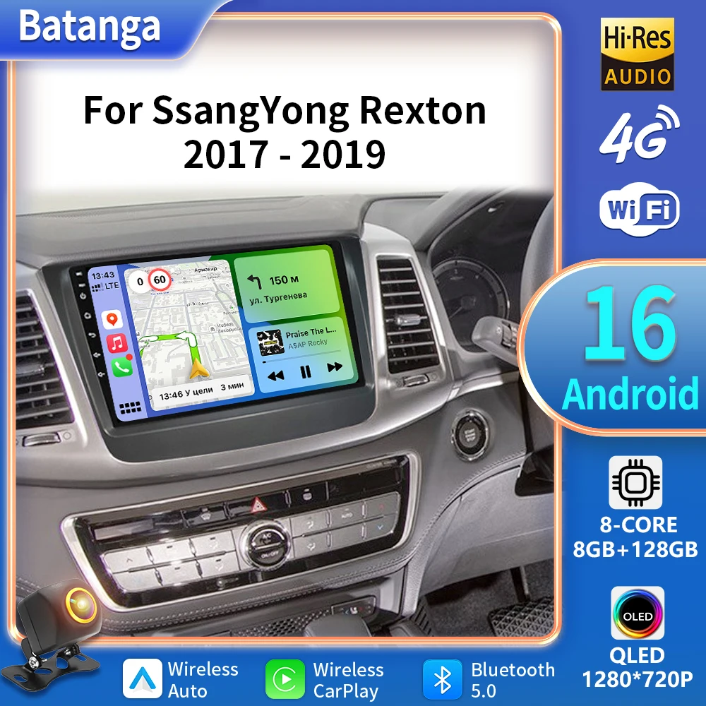 Android 16 Carplay Auto Multimedia Navigation Radio Player Head Unit for Ssangyong Rexton Musso 2018 2019 GPS WiFi+5G Stereo