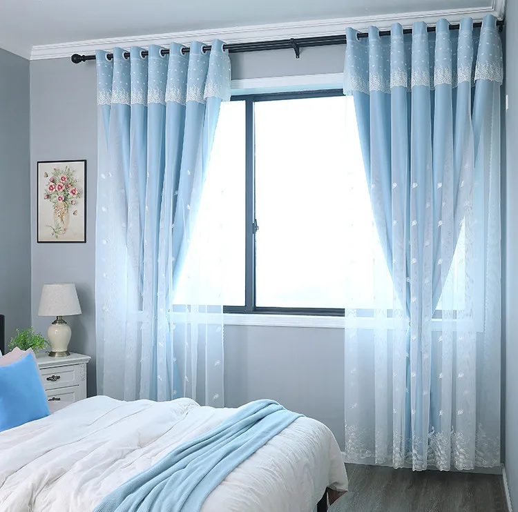 

1 Panel 132cm Width Modern Minimalism Double Layer Curtain with Valance for Living Room Bedroom Embroidered Curtain