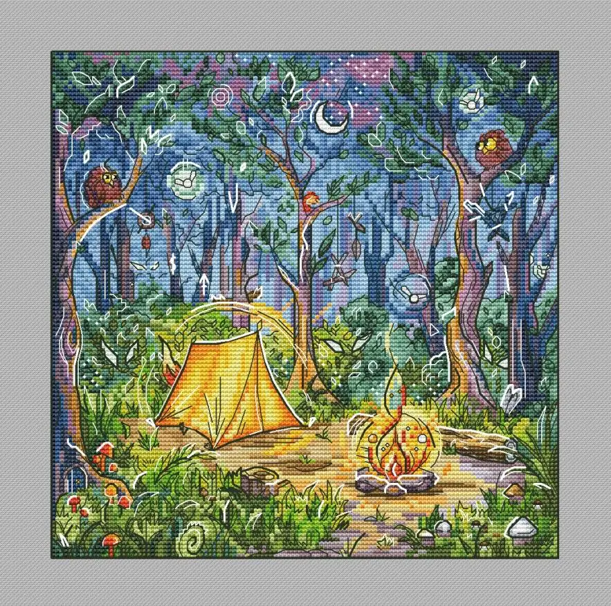 

night forest camping 32-32 Embroidery,DIY 14CT Unprinted Arts Cross stitch kits Set Cross-Stitching Home Decor