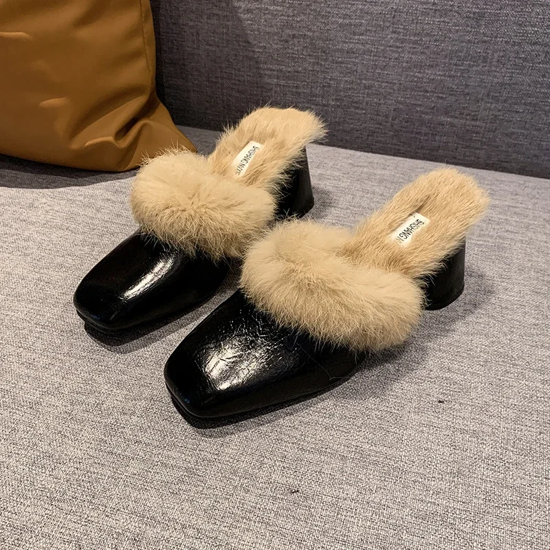 Winter Outside High Heel Modern Slippers Square Heel Pull on 2024 High Quality Shoes Female Solid Shallow Novelty Slippers