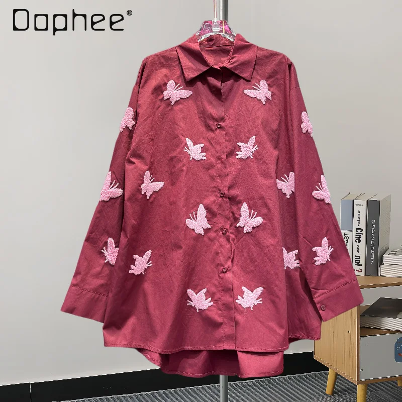 Outono nova moda casual versátil camisa de manga longa 3d borboleta bordado turn-down colarinho solto fino camisa de grandes dimensões feminina