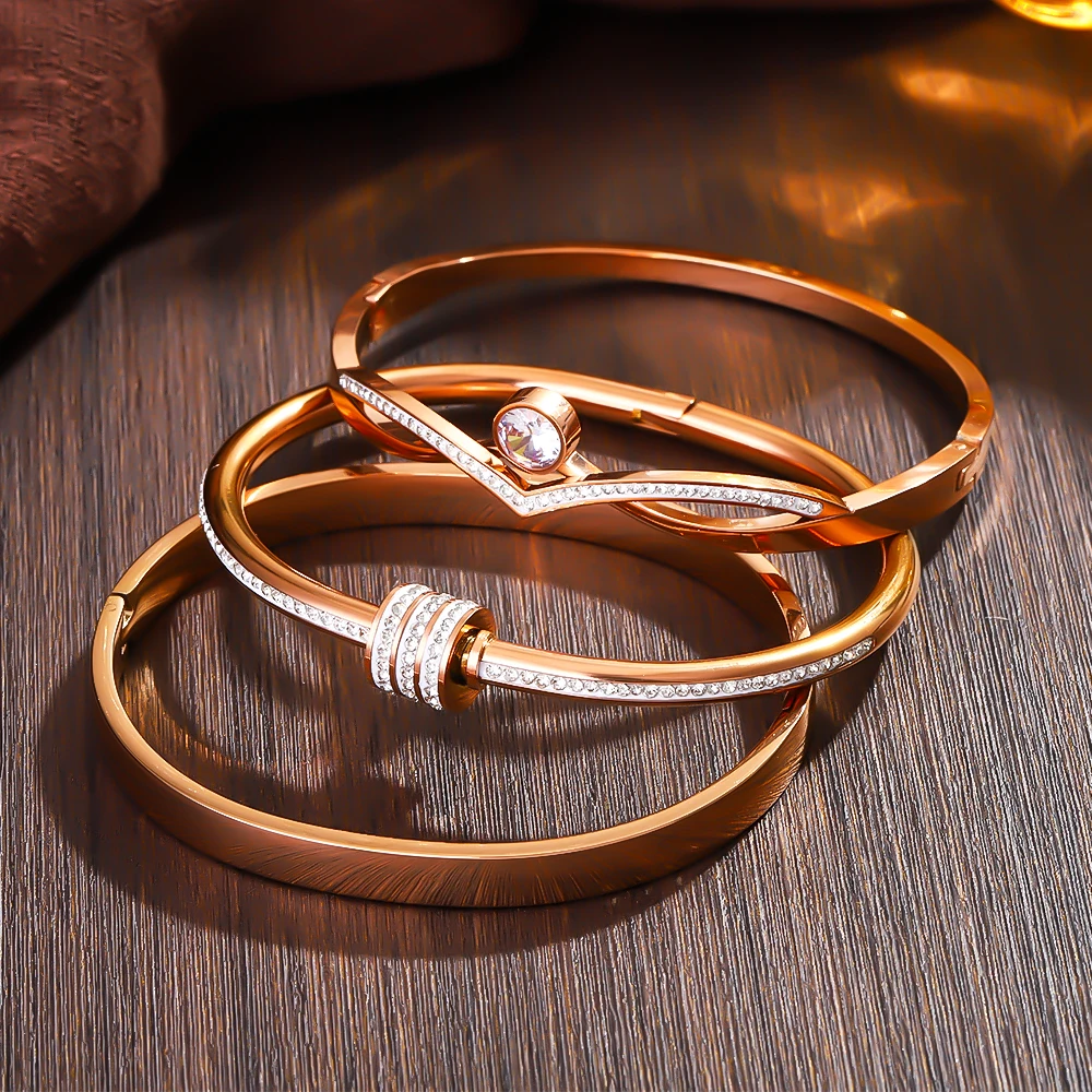 

3Pcs/Set Stainless Steel Cuff Bracelet, Women's Set Bangle, Classic Style Paired with Rose Gold Color Exquisite Jewelry Gift