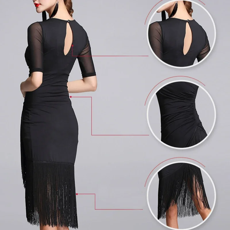 Vestido de baile latino negro de manga corta para mujer, traje de una pieza con borla para baile latino, tango, Cha, Rumba