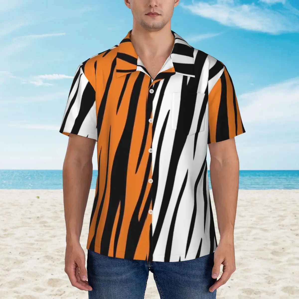 

Tiger Stripes Casual Shirt Two Tone Print Novelty Summer Shirts Mens Short Sleeve Vacation Comfortable DIY Oversized Blouses