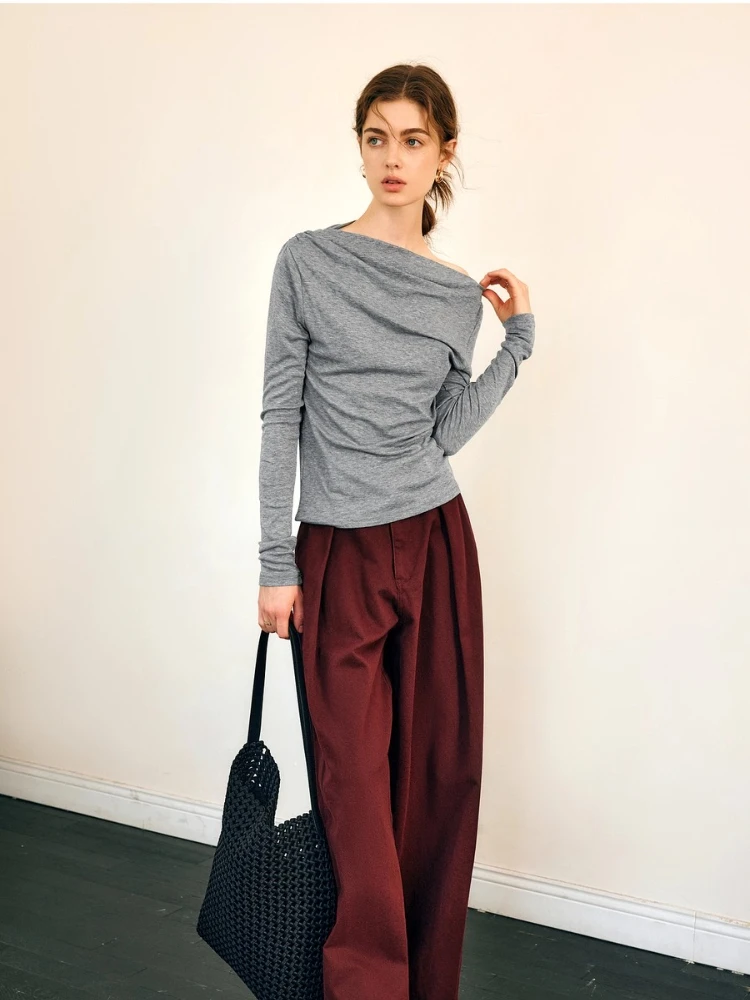 OLrain الفرنسية طويلة الأكمام تي شيرت المرأة خريف 2025 جديد غير النظامية مائل طوق القمم الصلبة Shiring سليم تيز O57QT96063 #5