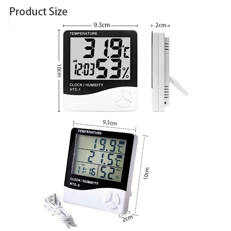 LCD Electronic Digital Temperaturer Hygrometer Humidity Meter  Indoor Outdoor Thermometer Weather Station Clock HTC-1 HTC-2