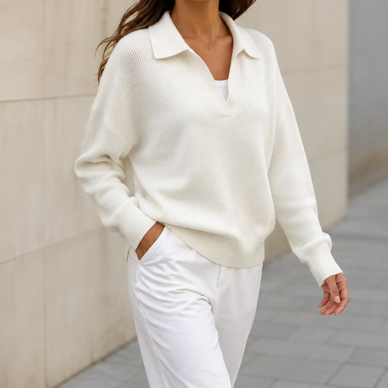 Mid Length Long Sleeve Sweater Regular Fit Elegant with Polo Collar Graceful Elegant Regular Sleeve Autumn Women Sweater