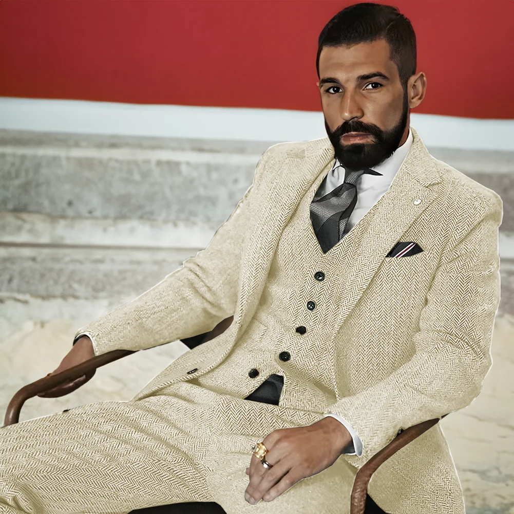 Men\'s Wool Suit 3 Piece Set Winter Twill Jacket Pants Vest Business Formal Men Blazer Classic Design Custom Size