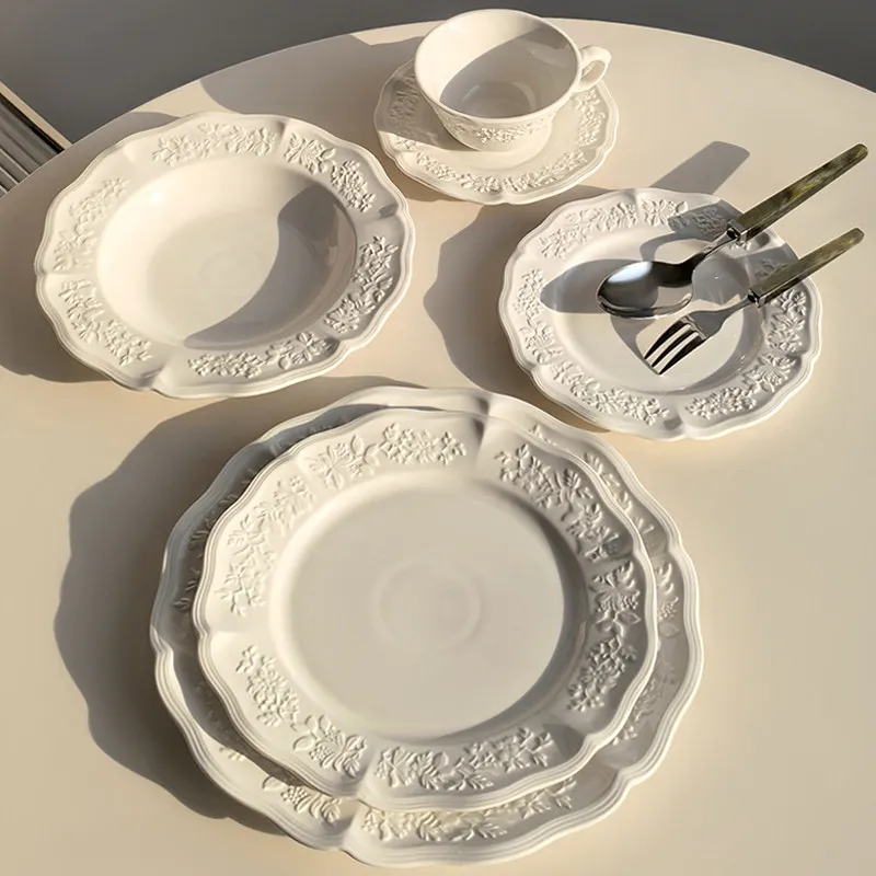 ColorValue French Vintage Embossed Ceramic Plates Bowls Cup and Saucer White Floral Lace Tableware for Dessert Pasta Salad