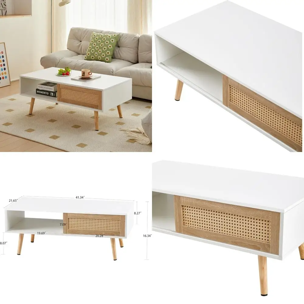 

Modern Living Room Coffee Table with Sliding Storage Door and Solid Wood Legs