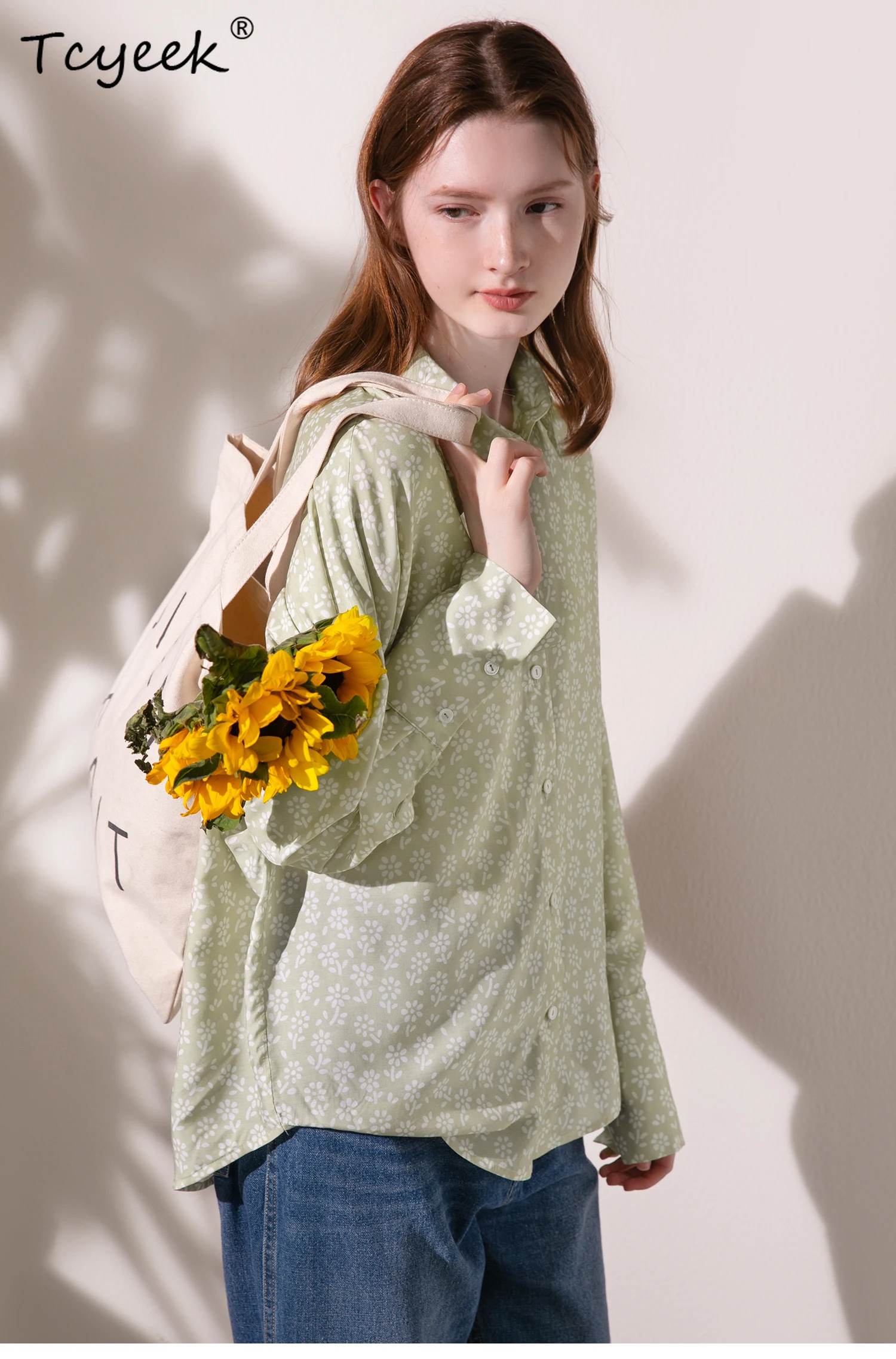 Tcyeek, Elegancka koszula z 30% naturalnego jedwabiu, damska koszula z długim rękawem i kwiatowym kołnierzykiem, luźna bluzka w stylu retro, lato 2024, jesień T47104QM