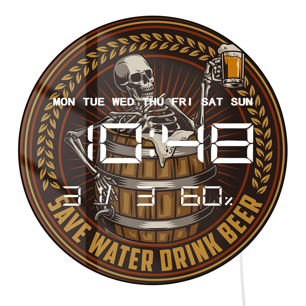 Skeleton Drinking Beer Electronic Wall Clock with 12/24 Timer Date Temperature Calendar Skull Home Decor LED Digital Wall Clock