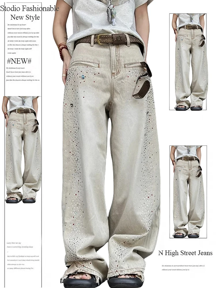Осень-зима 2024, женские дизайнерские джинсовые брюки в стиле гранж со стразами Y2K, мешковатые джинсы в стиле панк 2000-х годов, японские широкие джинсы в стиле Харадзюку, новинка