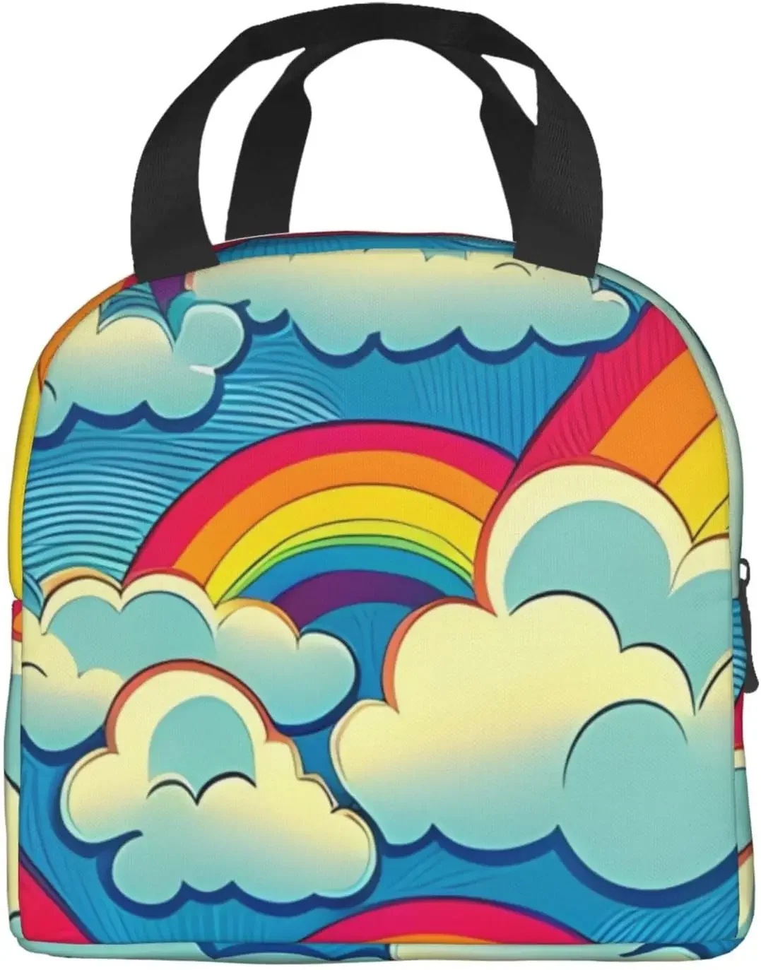 Rainbow With Clouds Comic Style Insulated Lun Bag Thermal Freezable lun Tote Waterproof Bento Lu n Box Women Men 