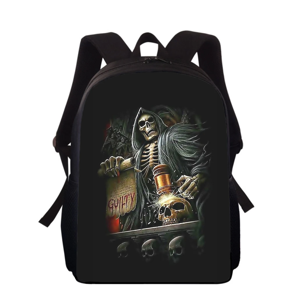 Sacos de escola primária 3D Print para meninos e meninas, mochila esqueleto Grim Reaper, estudantes sacos de livros, 16"