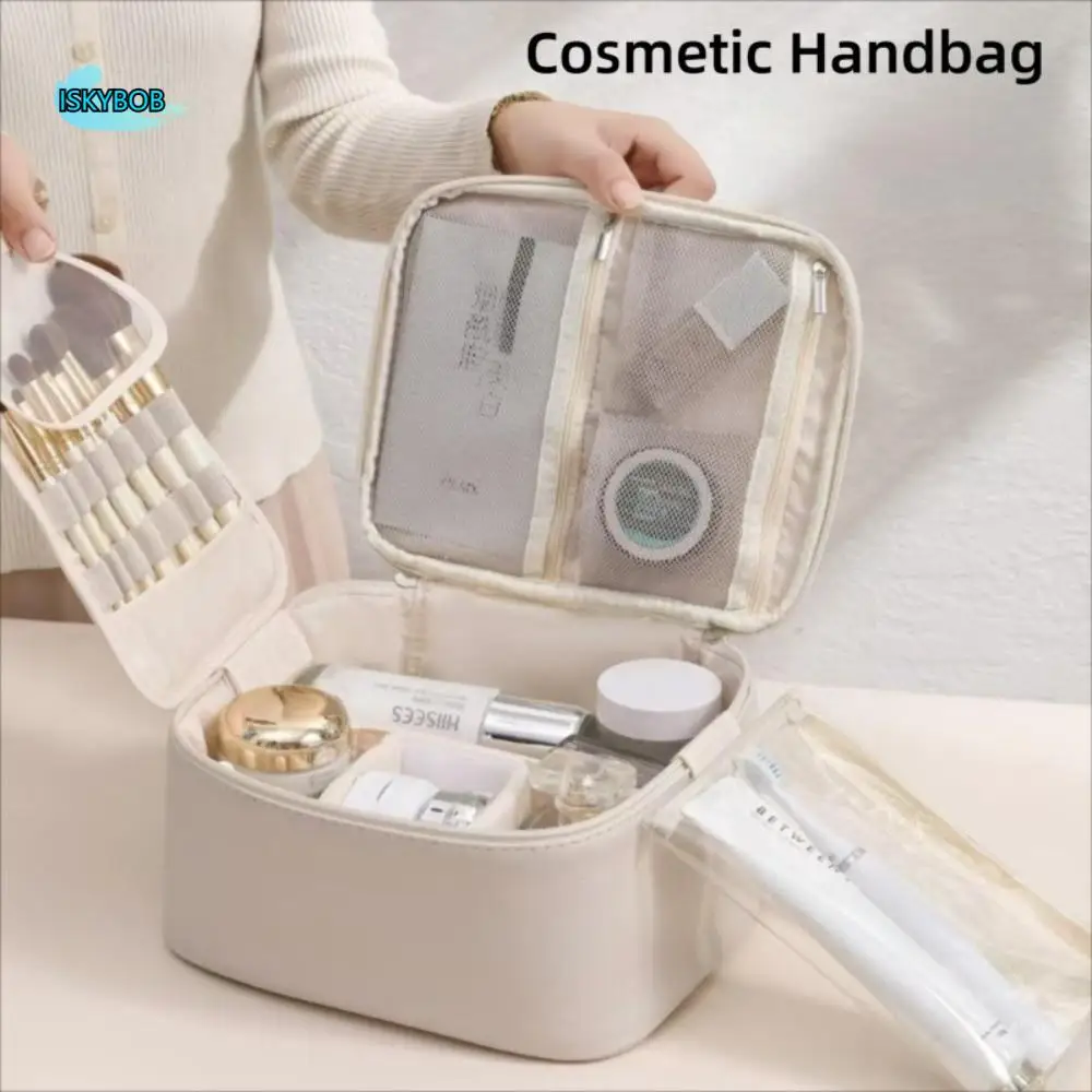 

Multipocket Design Cosmetic Handbag Zipper Closure Double-layered Portable Makeup Pouch Easy Access Comfortable Handle