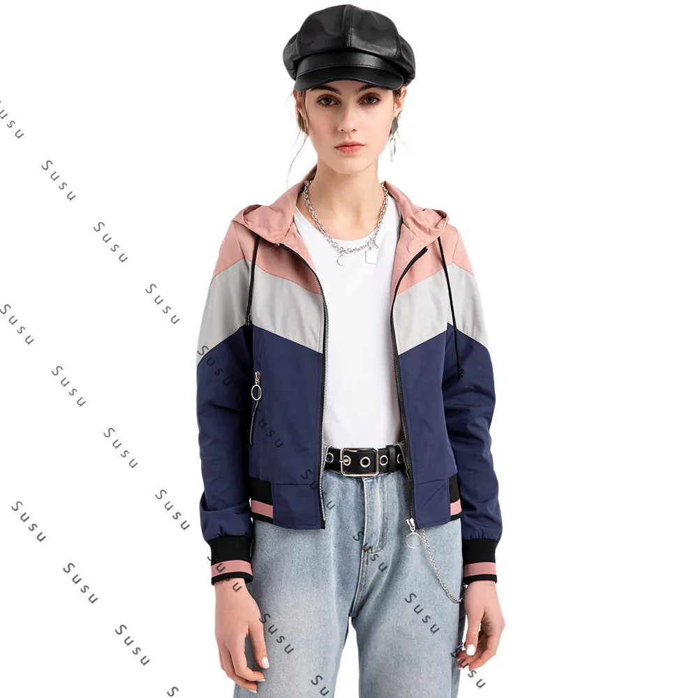 

2025 new women's thin trench coat women's spring and autumn hooded jacket women's outdoor raincoat color matching drawstring jac