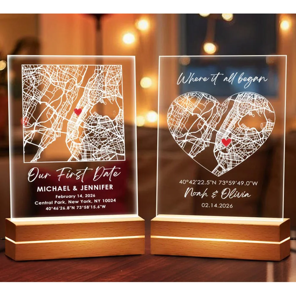 Personalised Heart Map Acrylic Plaque Custom Romantic Gift For Couples Valentine Day Wedding Anniversary First Meet Memory Home