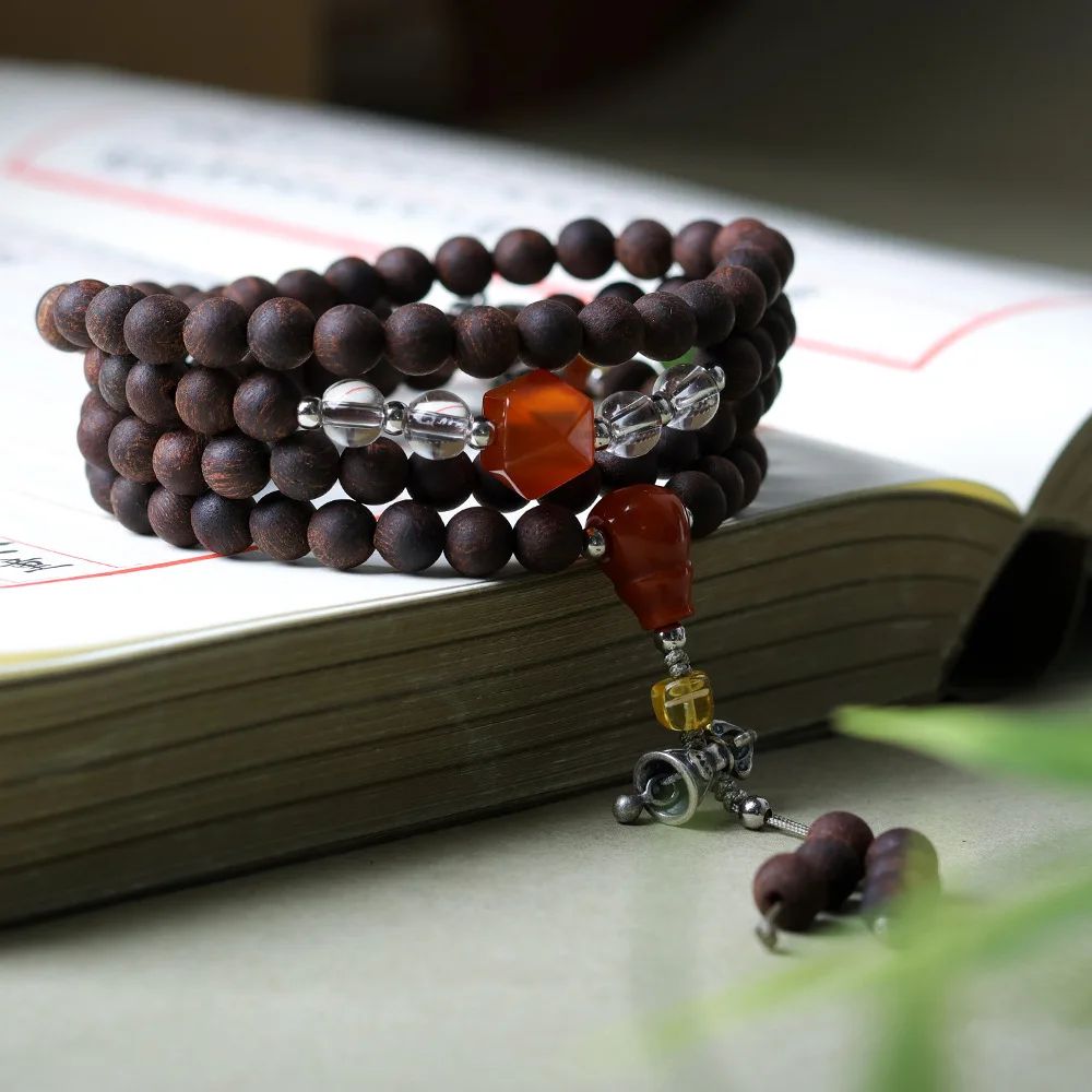 Original Agate Multi-Faceted Bead Chinese-Style Fortune-Enhancing Bracelet with Multiple Circles of Agarwood Prayer Beads
