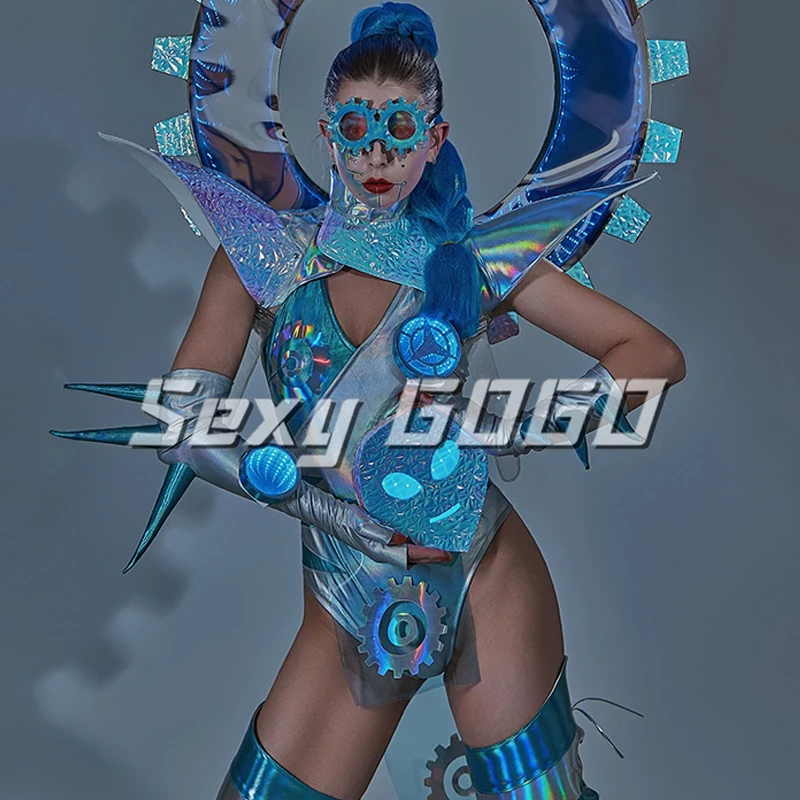 Halloween Cosplay Stage Performance Outfit Tech Style Exaggerated Shoulder Laser Gogo Costume Women Dj Pole Dance Wear XS8492