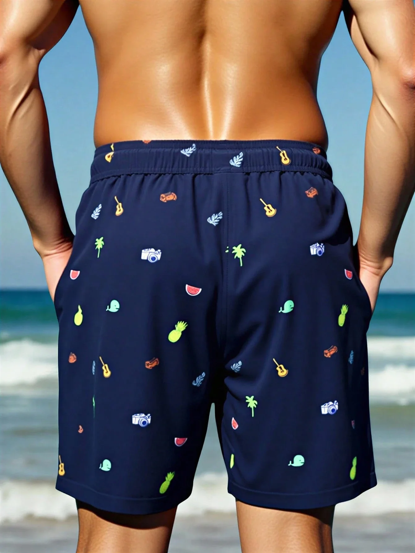 

Мужские плавки для отдыха из полиэстера темно-синего цвета с принтом ананасов, китов и гитар