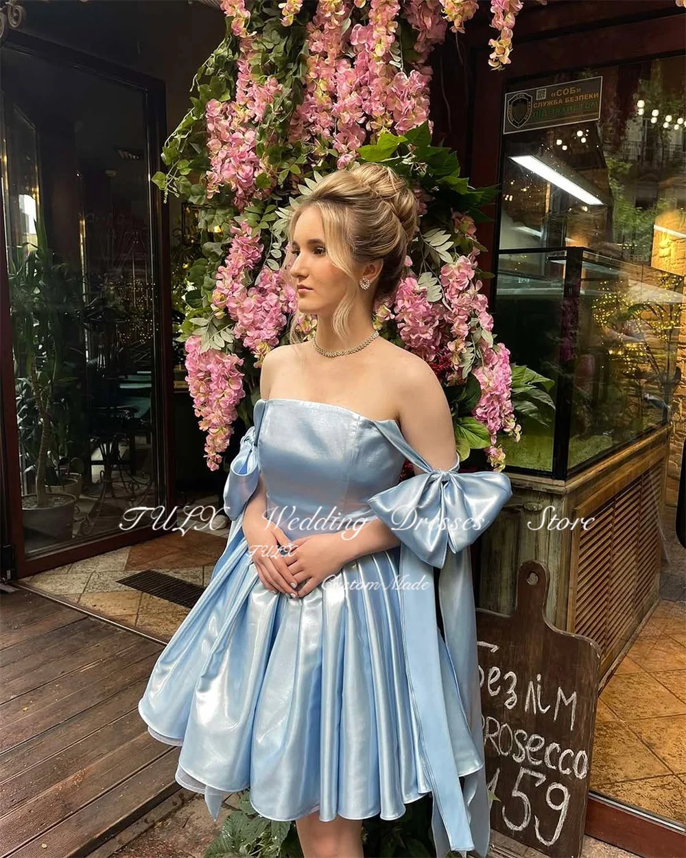TULX Süßes, reizendes blaues Mini-Kurz-Party-Abschlussballkleid mit Schleifenriemen, Cocktailkleid, glitzernder Satin, über dem Knie, Geburtstagskleider, individuell gestaltet