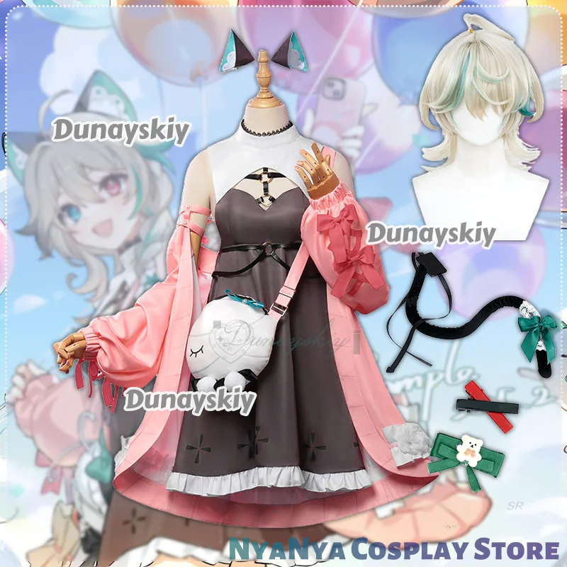 Disfraz Virtual Youtuber Allie ssiabrigo rosa vestido de Lolita bolso de hombro cola de oreja conjunto completo mujer traje de Carnaval de Halloween
