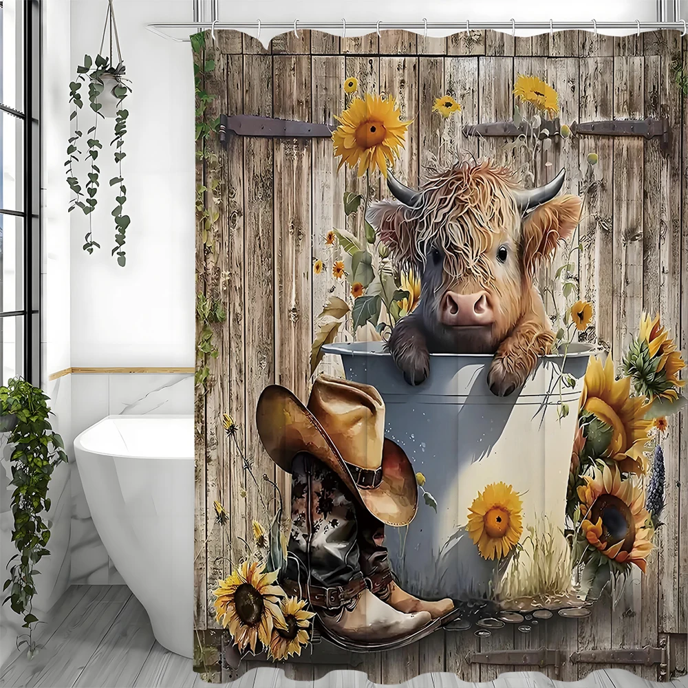 ستارة دش عباد الشمس بقرة المرتفعات، ستارة دش مزخرفة للحمام، ستارة دش مقاومة للماء مع خطافات