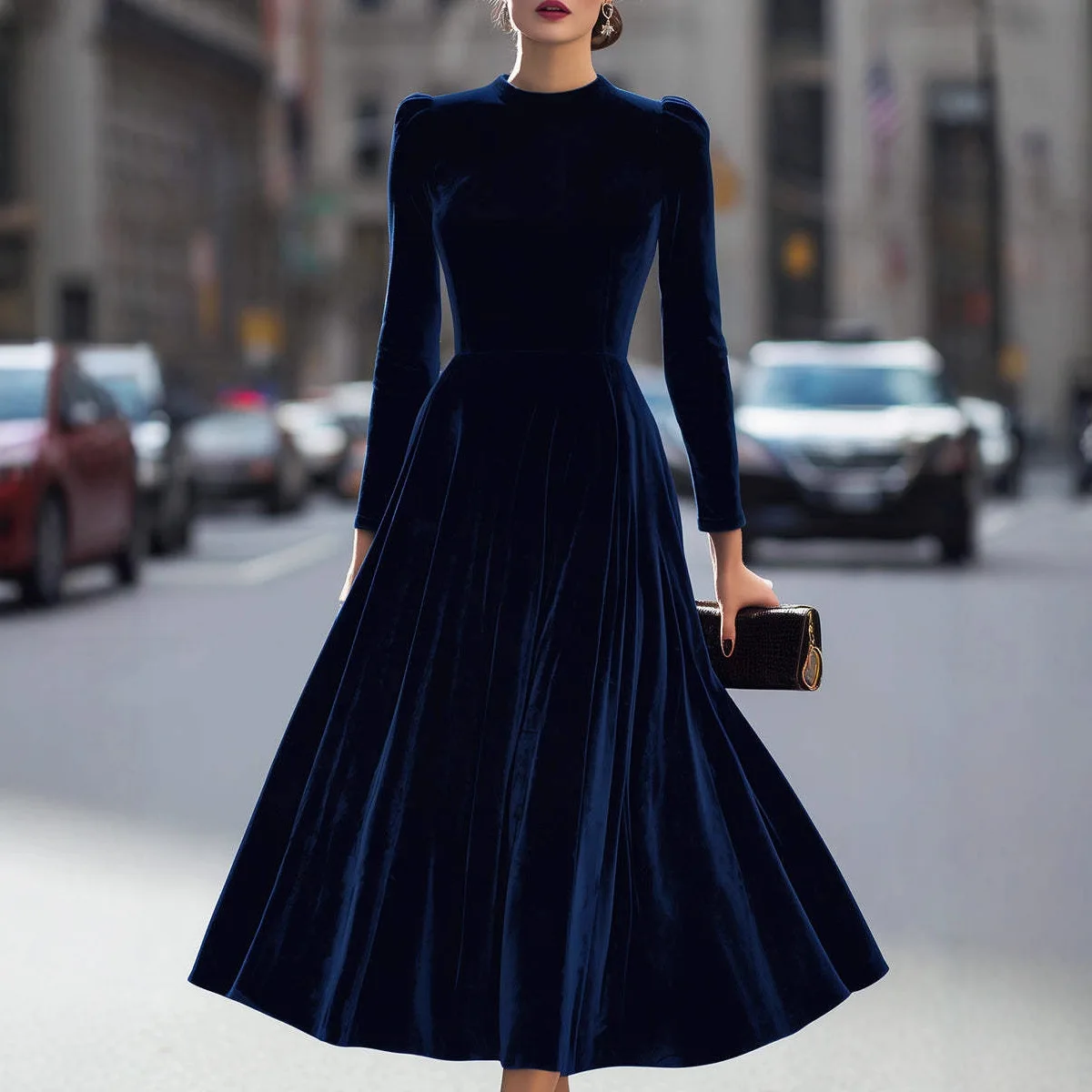 

Autumn Simple Elegant Navy Blue Long Dresses For Women High Collar Long Sleeve High Waist Temperament Female Fashion Style Dress
