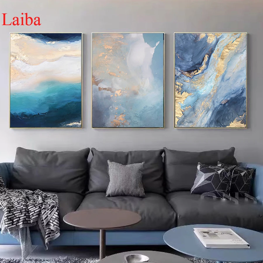 

Round Diamond Modern Abstract Blue Marble Gold Foil Blue Color Painting Full Drill Square Mosaic Home Decor Handmade