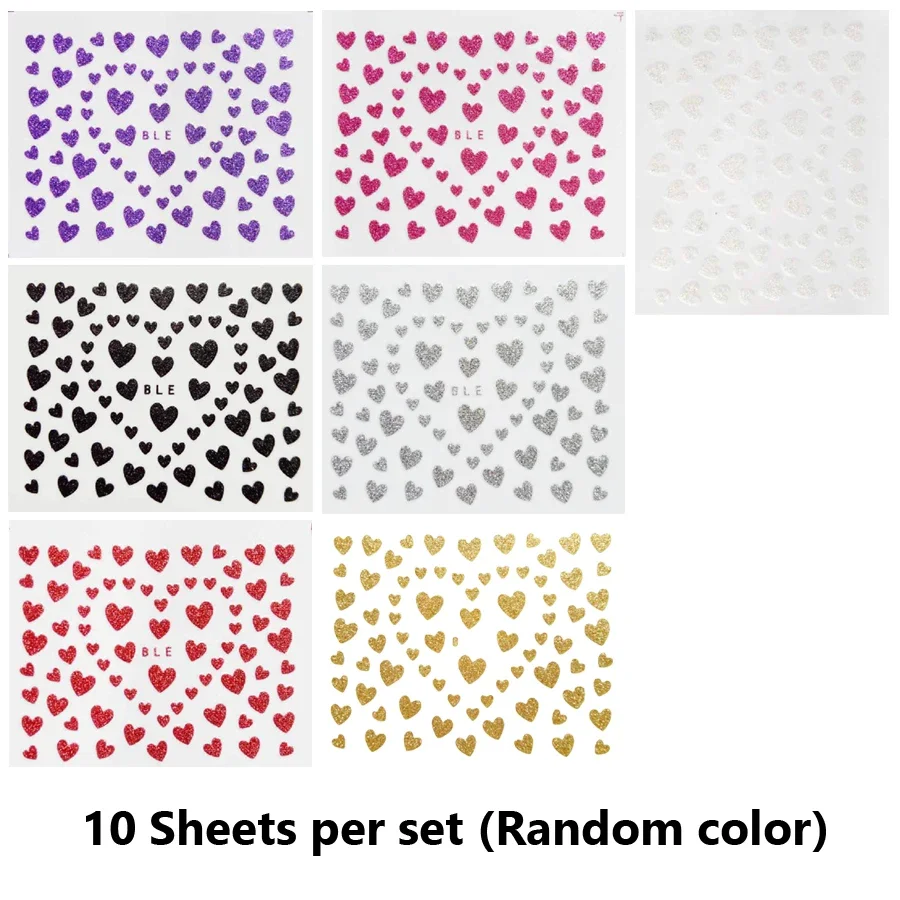 10Pcs 3D Nail Stickers with Glitter Powder Sweet Heart Nail Decals Gold Silver Black Sexy Red Nail Art Decorations