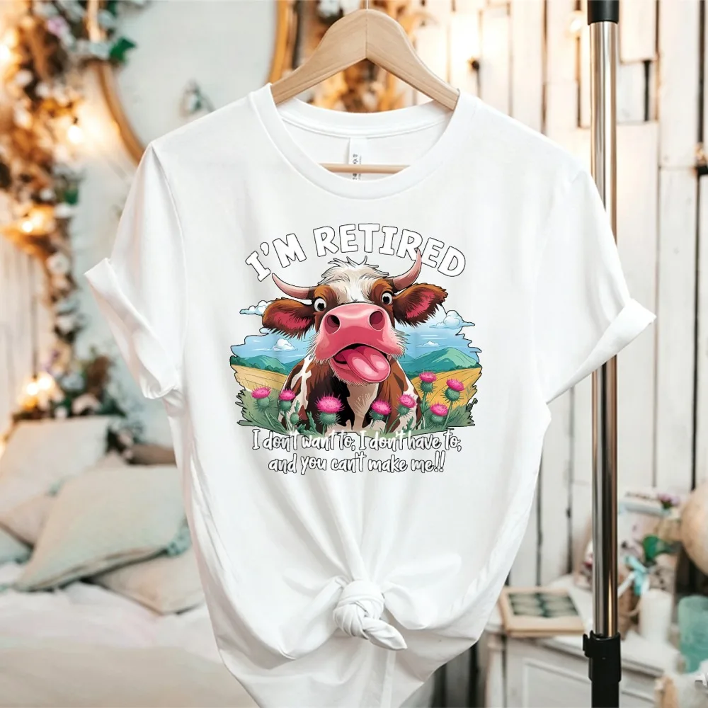 I'm Retired Funny Cow Cartoon Graphic T-Shirt Farm Animal Cow Tongue Out Retirement Gift Farmer Casual Cotton Novelty Tee Tops