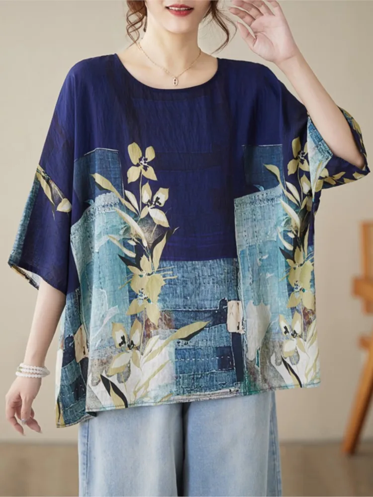 Oversized Summer Pullover T-Shirts Tops Women Flower Floral Print Fashion Ladies Blouses Casual Loose Pleated Woman Tops