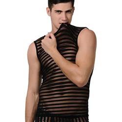 Sexy Tank Top Men Transparent Undershirt Summer Sleeveless Tops Mesh Gym Shirt Black Stripe Vest Fitness Bodybuilding Clothes