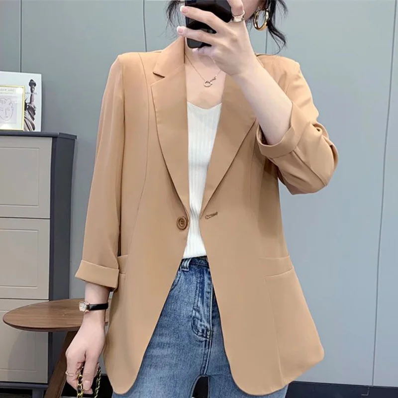 Zarif düz renk düğmesi eklenmiş cepler tüm maç Blazer kadın giyim 2023 sonbahar yeni Casual Tops gevşek Casual Blazers