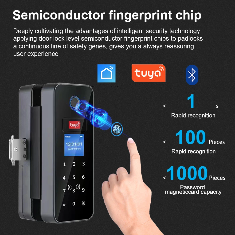 Duplo Gancho Inteligente Vidro Door Lock, Porta deslizante de madeira, Tuya App, Biométrica Fechadura de impressão digital, Bluetooth, Cartão IC,