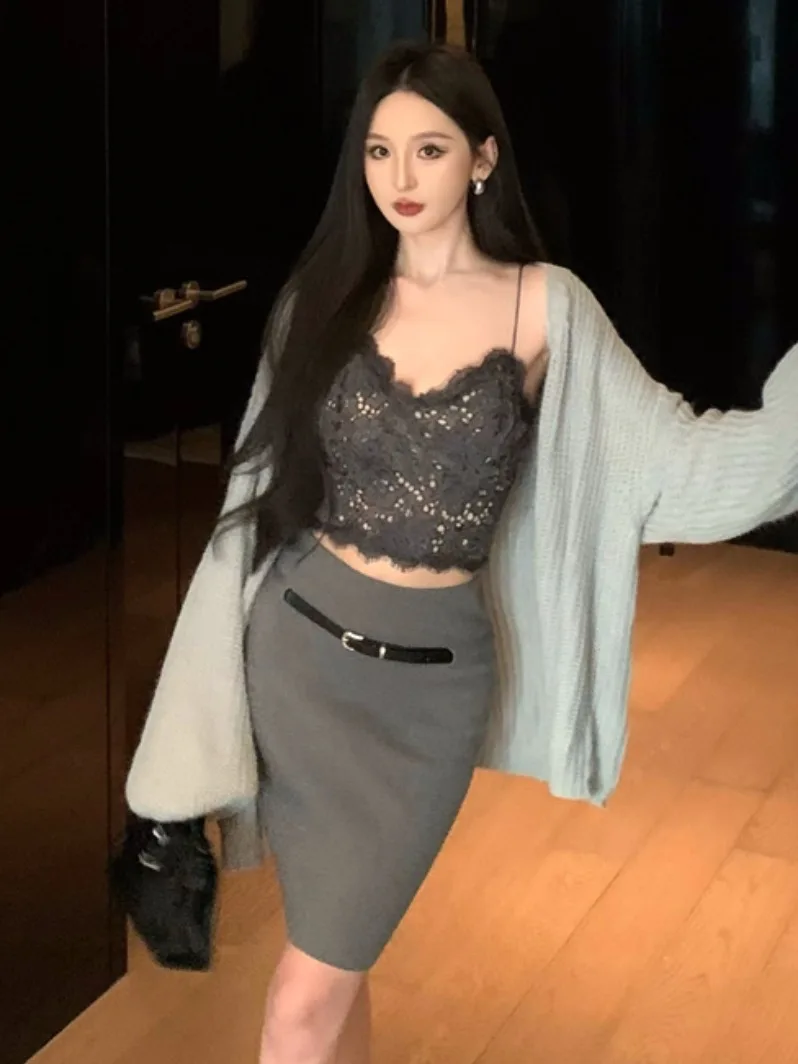 

Ретро-комплект: кружевной топ-жилет в стиле «спайси гёрл», пальто-свитер и юбка-накидка для женщин