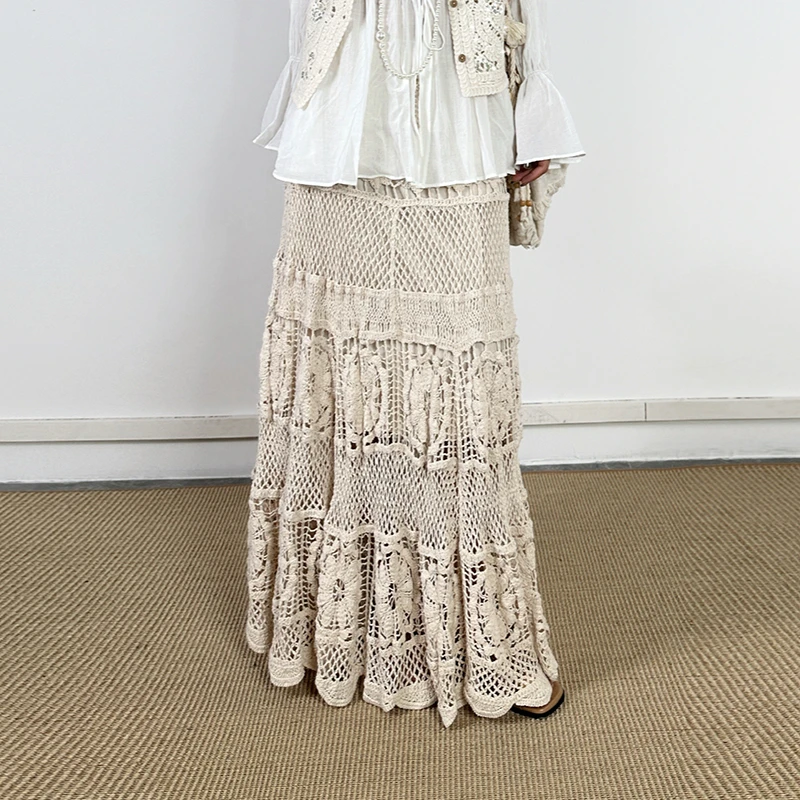 Bohemian Style 2025 New Arrival Summer Autumn Women Casual A-line Lace Hollow Out Ankle-length Skirt High Waist Skirts T269