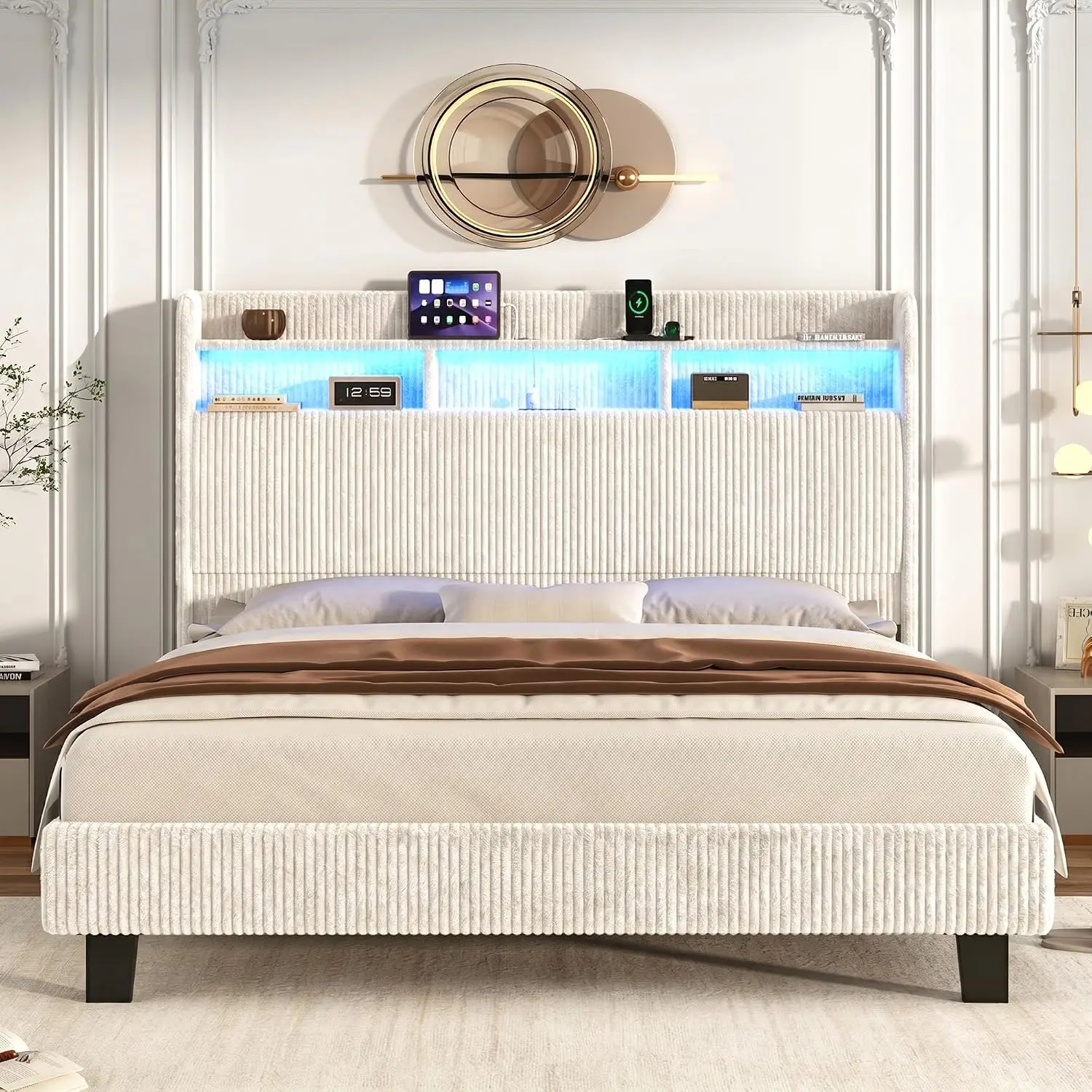 King Size Bed Frame with 55" Tall Storage Headboard, Upholstered Corduroy with LED & Power Outlets,Wingback,Solid Leg,Customized