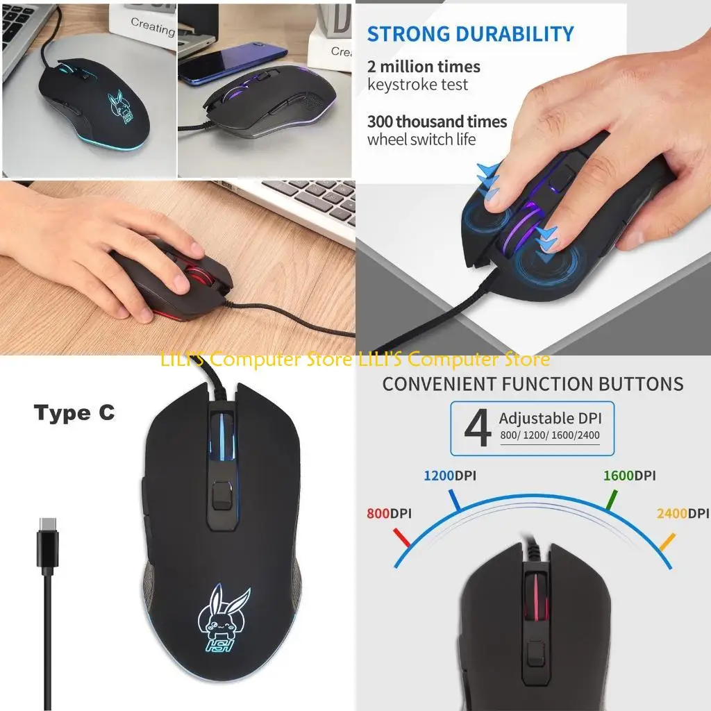 

A52B Type C Mouse Game Programming Optical Tracking 2400DPI Corded Mouse