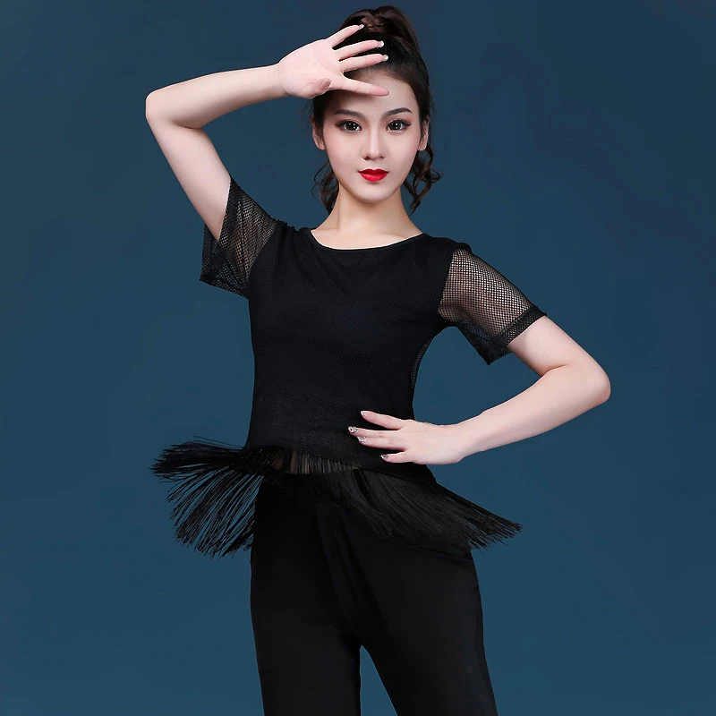 Mesh New Latin Dance Tops Perspective Dance Suit Women Top and Bottom Tassel Short Sleeves Black Modern Line Dancewear Women's