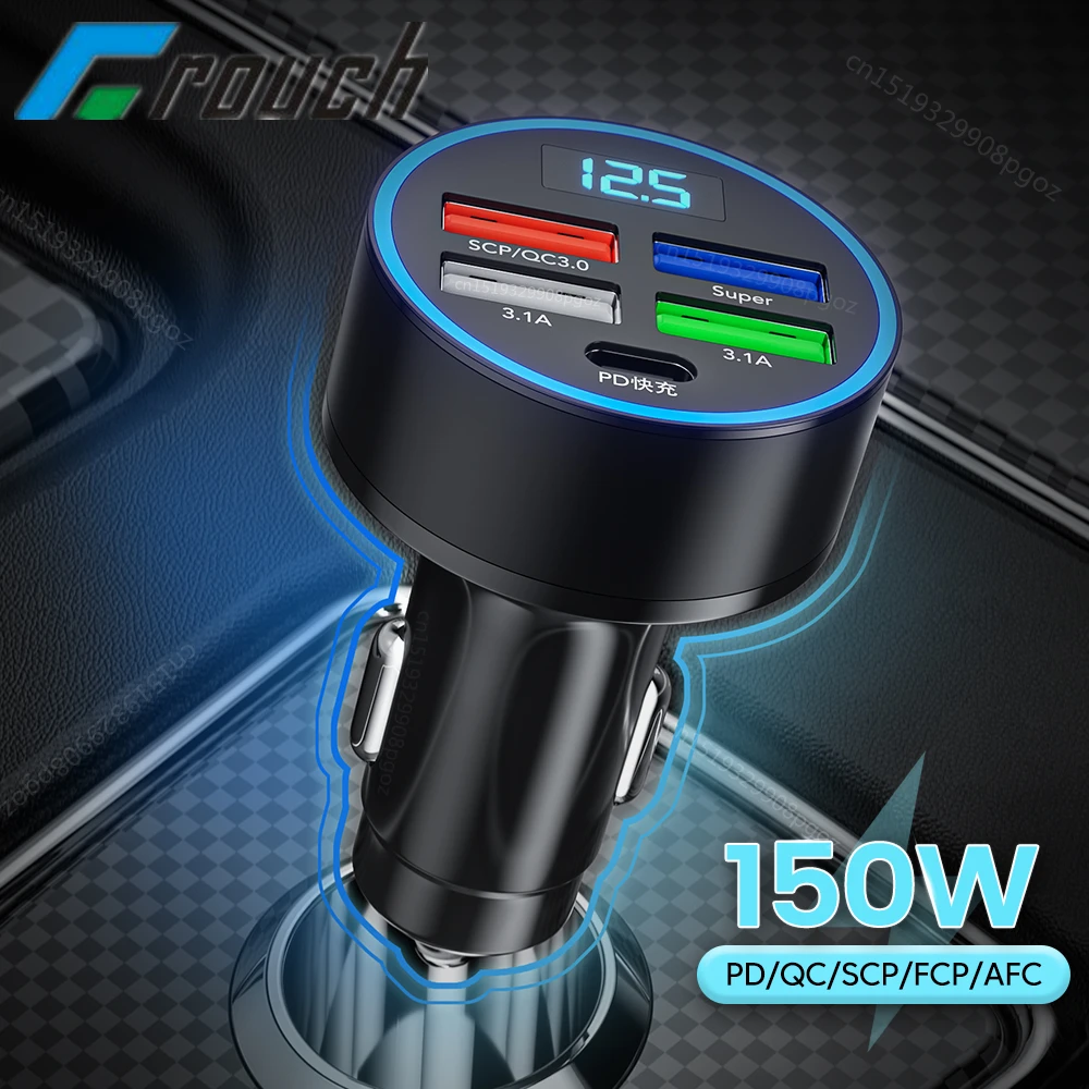 Crouch 150W 4 Ports USB Car Charger QC 3.0 PD Type C Fast Charging For iphone Samsung Huawei Voltage Display Car Phone Charger