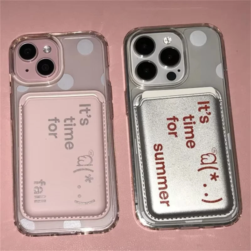 Korean Cute Polka Dots Wallet For Magnetic Wireless Charge Case For iPhone 17 16 15 14 13 Pro Max Case Wallet Card Holder Cover