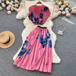 Two Piece Sets For Women Dress Suits 2023 Summer Clothing Floral Print T Shirts + A Line Pleated Long Skirt Suits Casual Outfits