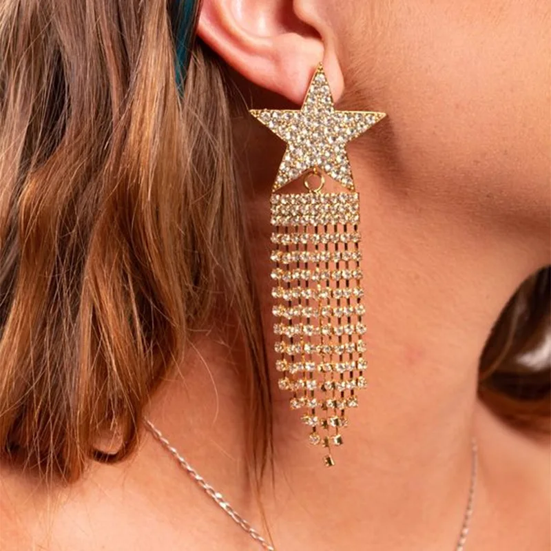 2023 new rhinestone earrings, personalized five-pointed star fringed earrings, full of diamonds and high-end accessories earring