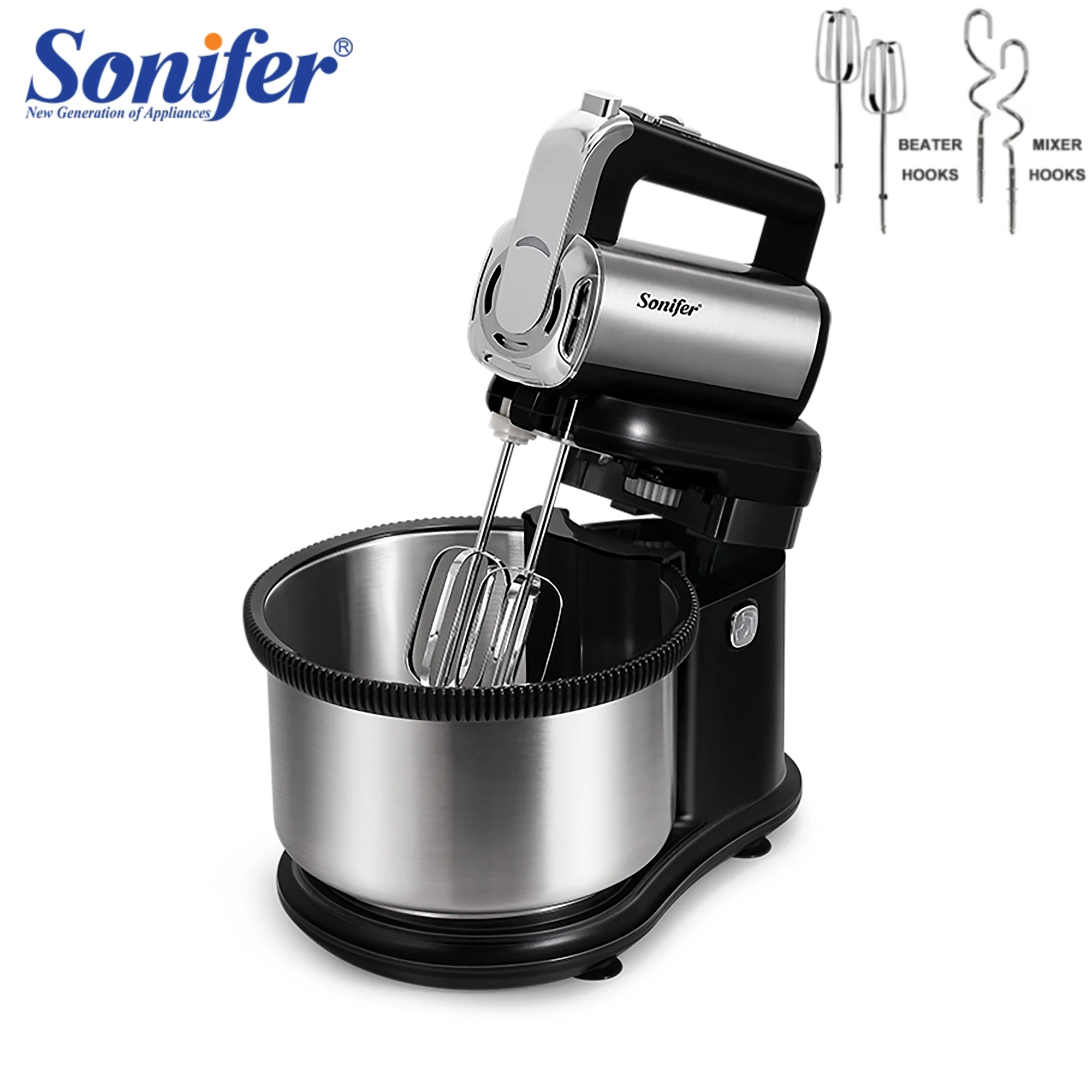 

" Sonifer Stand Mixer SF-7032 .5 speeds with turbo switch .2 pcs chromed beaters for eggs and cream .2 pcs chromed hooks for mi