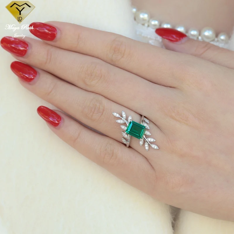 Created Emerald Gemstone Ring Real 925 Sterling Silver Party for Women Gifts Leaf Square Shape Special Design Vintage Elegant